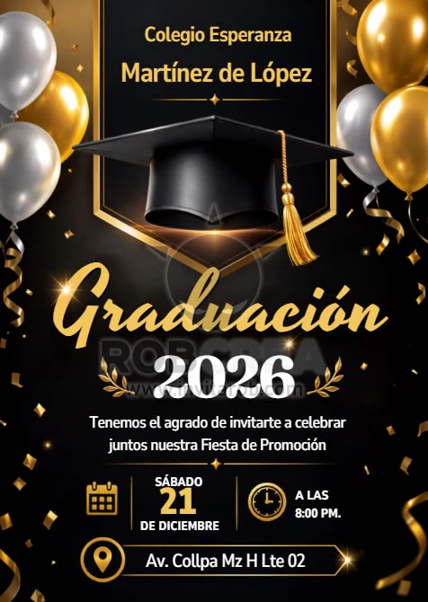 Invitación de Graduación Negro y Dorado con Globos – Editable en Canva