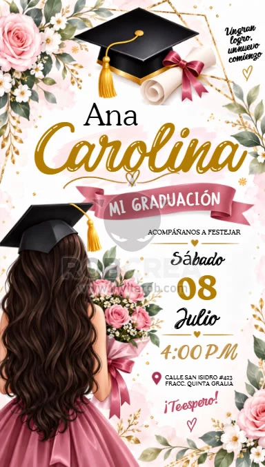 Invitación de Graduación para Mujer con Ramo de Flores – Editable en Canva