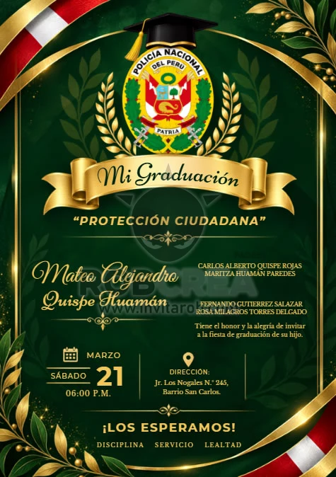 Invitación de Graduación Policía Nacional del Perú – Editable en Canva - Vista previa de plantilla editable en Canva