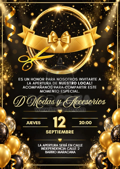 Invitación de Inauguración de Tienda Negro y Dorado – Editable en Canva