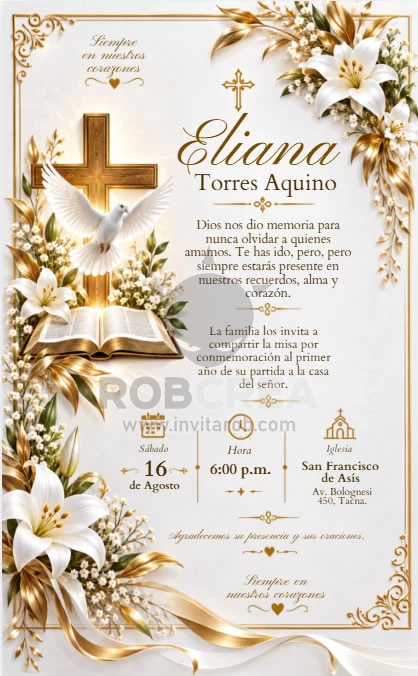 Invitación de Misa Conmemorativa con Flores Blancas y Doradas – Editable en Canva