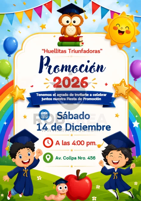 Invitación de Promoción Infantil Colorida con Niños y Búho – Editable en Canva - Vista previa de plantilla editable en Canva