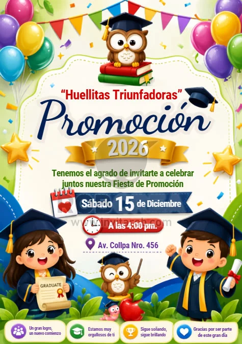 Invitación de Promoción Infantil con Búhos, Niños y Globos – Editable en Canva