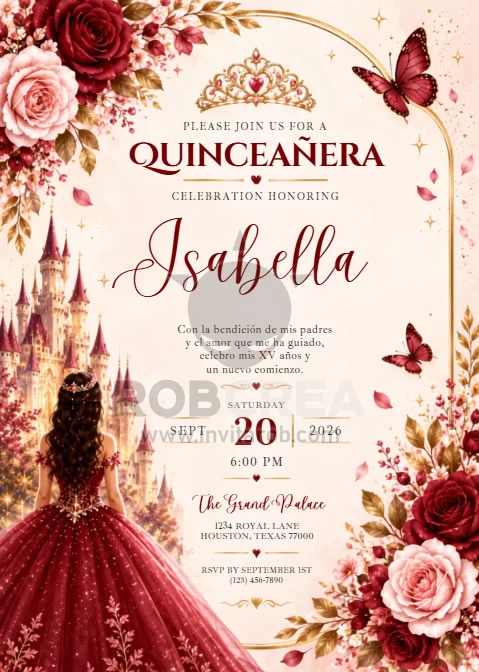 Invitación de Quinceañera Princesa Rojo y Dorado – Editable en Canva - Vista previa de plantilla editable en Canva