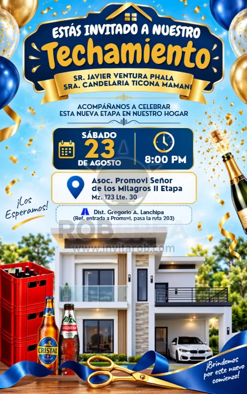 Invitación de Techamiento de Casa Nueva Azul y Dorado – Editable en Canva - Vista previa de plantilla editable en Canva