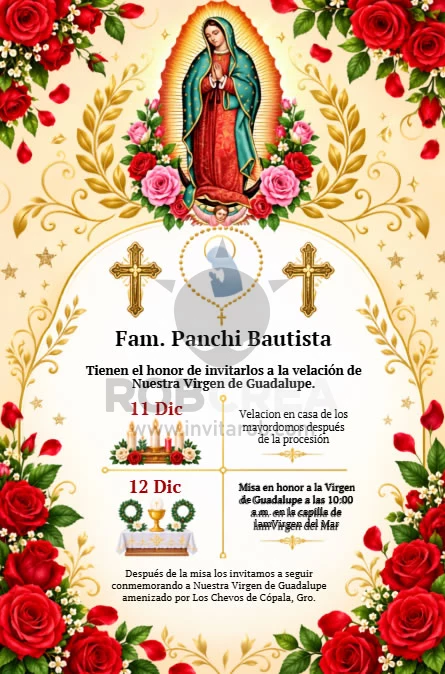 Invitación de Velación de la Virgen de Guadalupe con Rosas – Editable en Canva