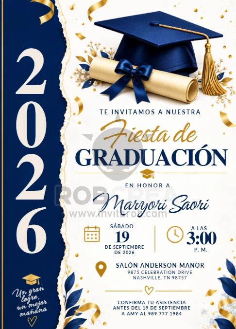 Invitación Fiesta de Graduación Azul Marino y Dorado – Editable en Canva