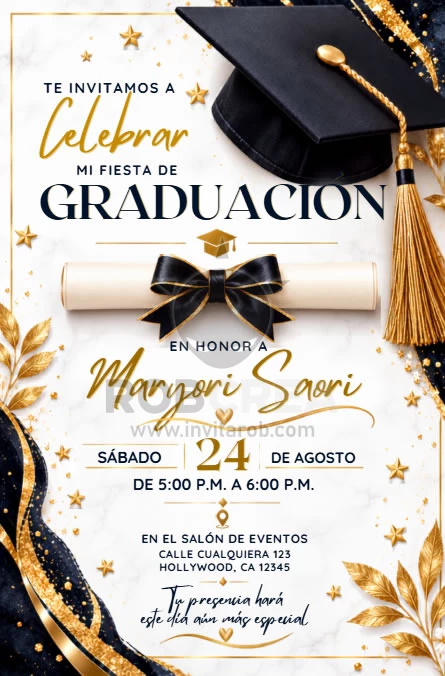 Invitación Fiesta de Graduación con Diploma Negro y Dorado – Editable en Canva