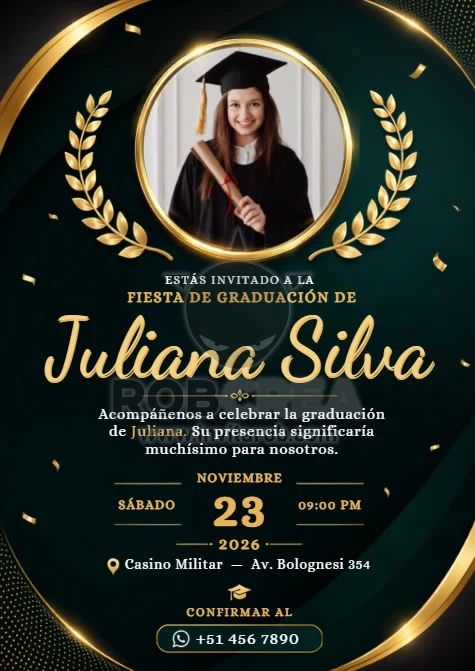 Invitación Fiesta de Graduación con Foto Verde y Dorado – Editable en Canva