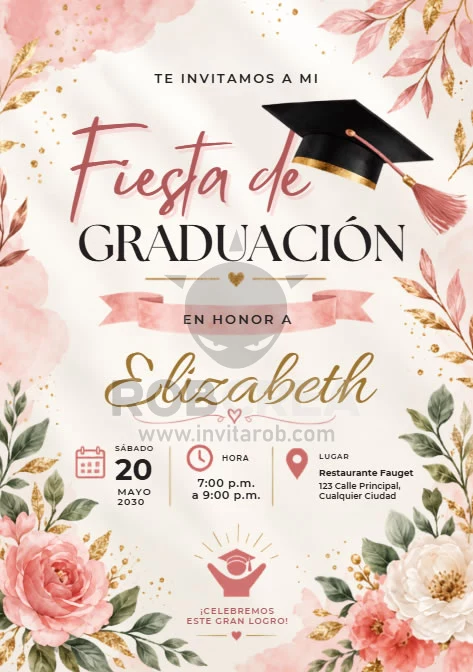 Invitación Fiesta de Graduación Elegante en Rosa y Dorado – Editable en Canva