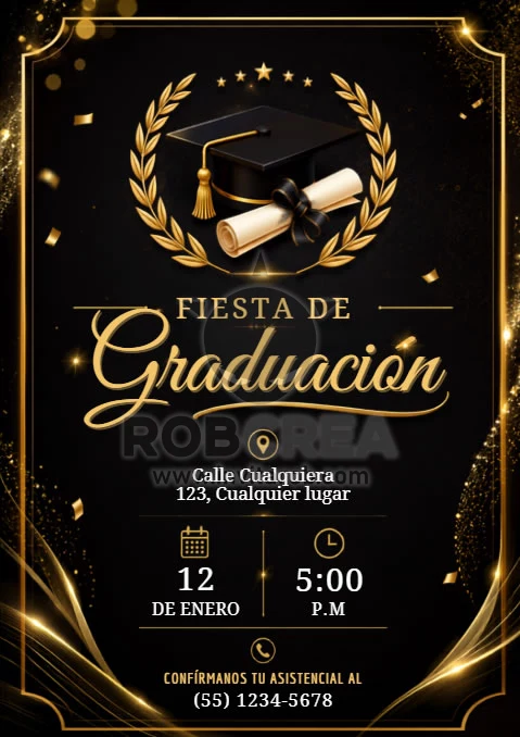 Invitación Fiesta de Graduación Elegante Negro y Dorado – Editable en Canva