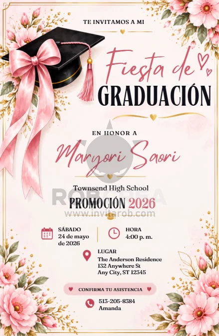 Invitación Fiesta de Graduación Femenina con Flores y Lazo Rosa – Editable en Canva