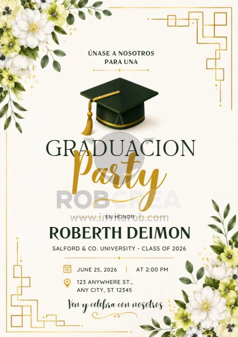 Invitación Fiesta de Graduación Floral Verde y Dorado – Editable en Canva - Vista previa de plantilla editable en Canva