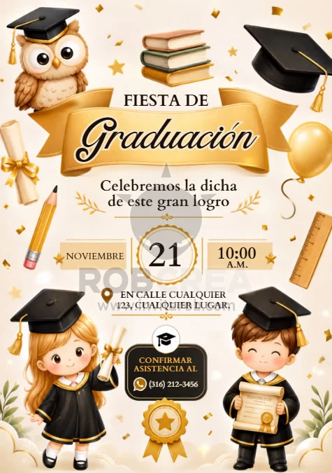 Invitación Fiesta de Graduación Infantil con Niños y Búho – Editable en Canva