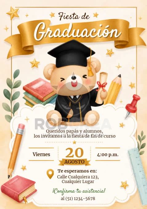 Invitación Fiesta de Graduación Infantil con Osito – Editable en Canva
