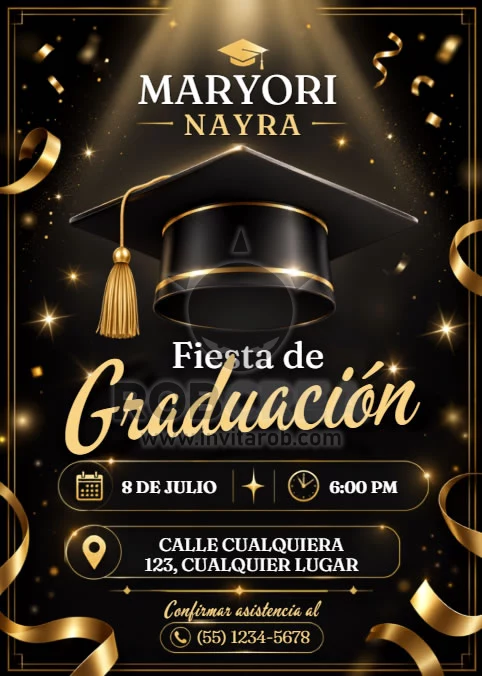 Invitación Fiesta de Graduación Negro y Dorado – Editable en Canva