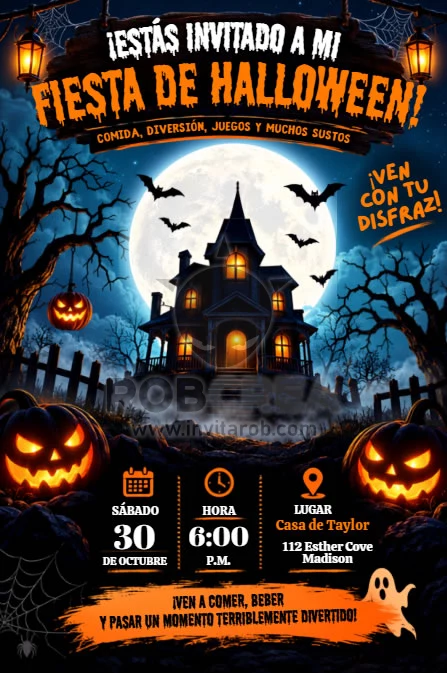 Invitación Fiesta de Halloween Casa Embrujada – Editable en Canva