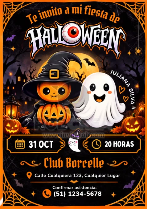 Invitación Fiesta de Halloween con Calabaza y Fantasma – Editable en Canva