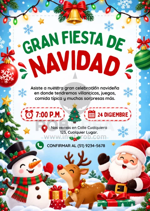 Invitación Gran Fiesta de Navidad con Papá Noel, Reno y Muñeco de Nieve – Editable en Canva