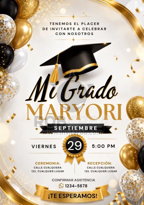 Invitación Mi Grado Elegante con Globos Negro y Dorado – Editable en Canva - Vista previa de plantilla editable en Canva