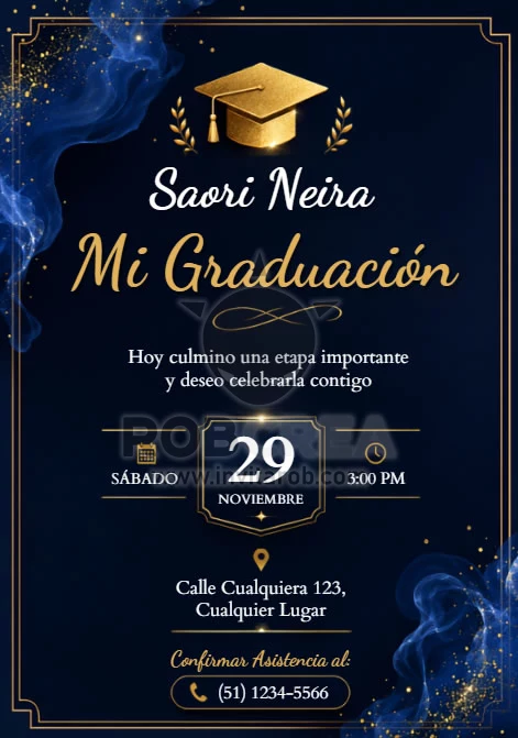 Invitación Mi Graduación Azul Marino y Dorado – Editable en Canva - Vista previa de plantilla editable en Canva