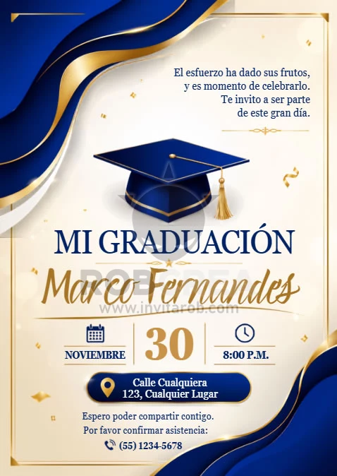 Invitación Mi Graduación Azul y Dorado Elegante – Editable en Canva - Vista previa de plantilla editable en Canva