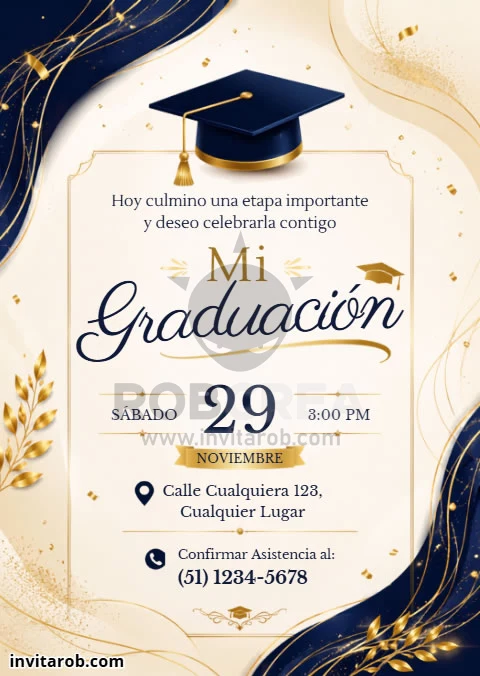 Invitación Mi Graduación Elegante Azul y Dorado – Editable en Canva