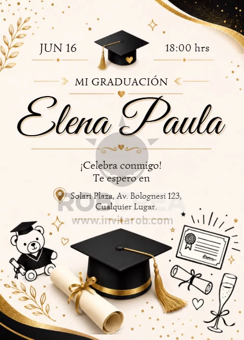 Invitación Mi Graduación Elegante con Birrete y Diploma – Editable en Canva