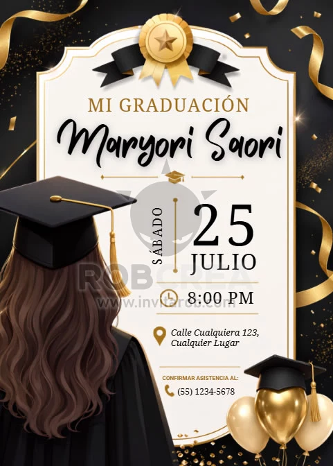 Invitación Mi Graduación Elegante con Graduada Negro y Dorado – Editable en Canva