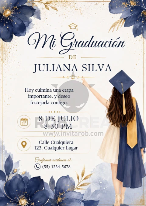 Invitación Mi Graduación Floral Azul y Dorado – Editable en Canva - Vista previa de plantilla editable en Canva