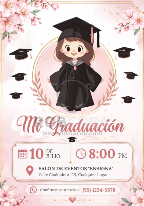 Invitación Mi Graduación Floral Rosa con Graduada – Editable en Canva - Vista previa de plantilla editable en Canva