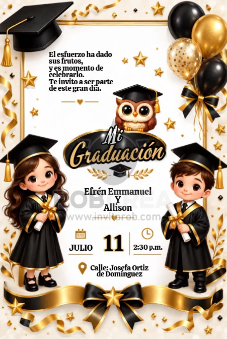 Invitación Mi Graduación Infantil con Búho y Niños Graduados – Editable en Canva - Vista previa de plantilla editable en Canva