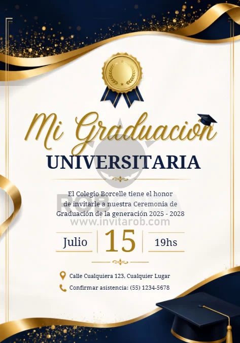 Invitación Mi Graduación Universitaria Azul y Dorado – Editable en Canva - Vista previa de plantilla editable en Canva