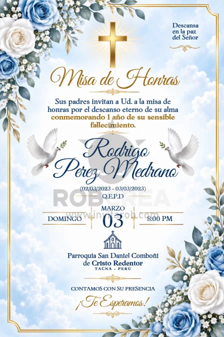 Invitación Misa de Honras para Varón con Rosas Azules – Editable en Canva