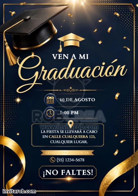 Invitación Ven a Mi Graduación Azul Marino y Dorado – Editable en Canva
