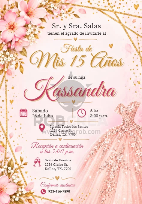 Invitación XV Años Rose Gold con Vestido de Quinceañera – Editable en Canva - Vista previa de plantilla editable en Canva
